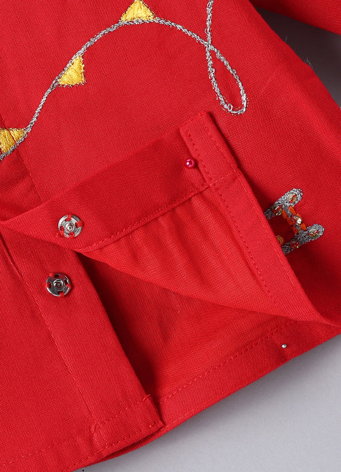 JAMANA BOY RED WITH PARACHUTE/AEROPLANE EMBROIDERY FRONT OPEN TOP WITH DHOTI SET