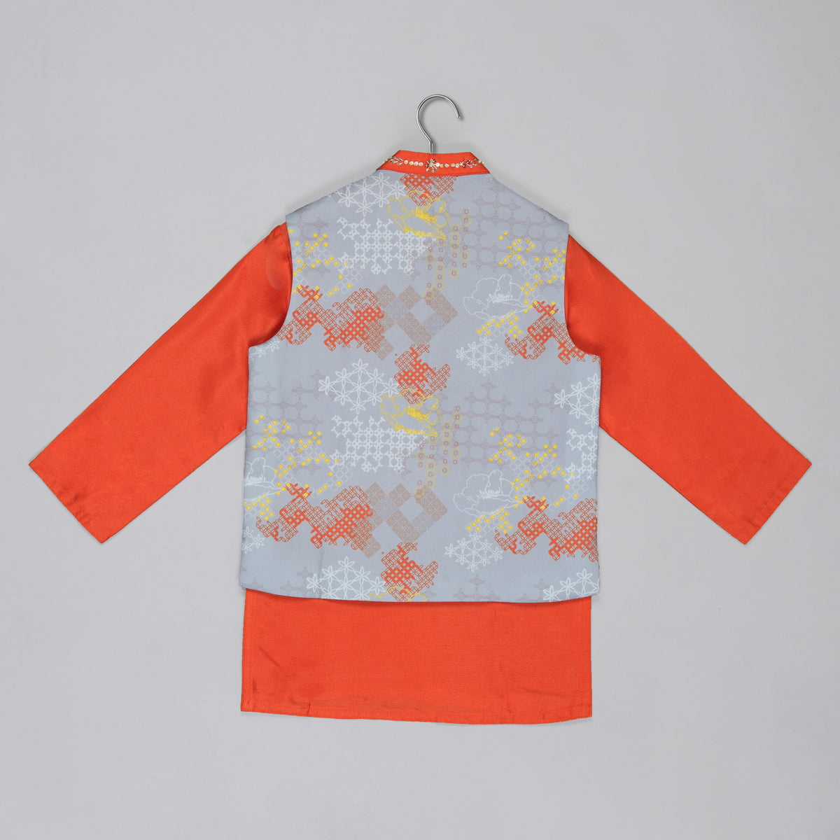 ORANGE KURTA WITH GREY GEOMETRICAL PRINTED BUNDI JACKET WITH HAND EMBROIDED WITH PAJAMA SET