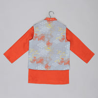 ORANGE KURTA WITH GREY GEOMETRICAL PRINTED BUNDI JACKET WITH HAND EMBROIDED WITH PAJAMA SET