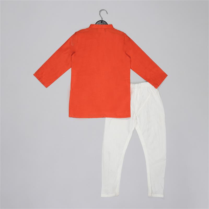 ORANGE KURTA WITH GREY GEOMETRICAL PRINTED BUNDI JACKET WITH HAND EMBROIDED WITH PAJAMA SET