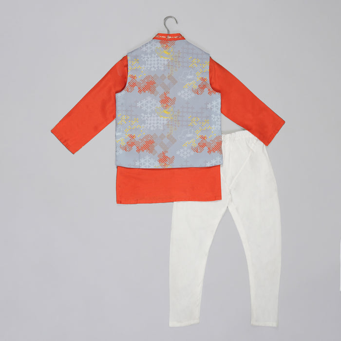 ORANGE KURTA WITH GREY GEOMETRICAL PRINTED BUNDI JACKET WITH HAND EMBROIDED WITH PAJAMA SET