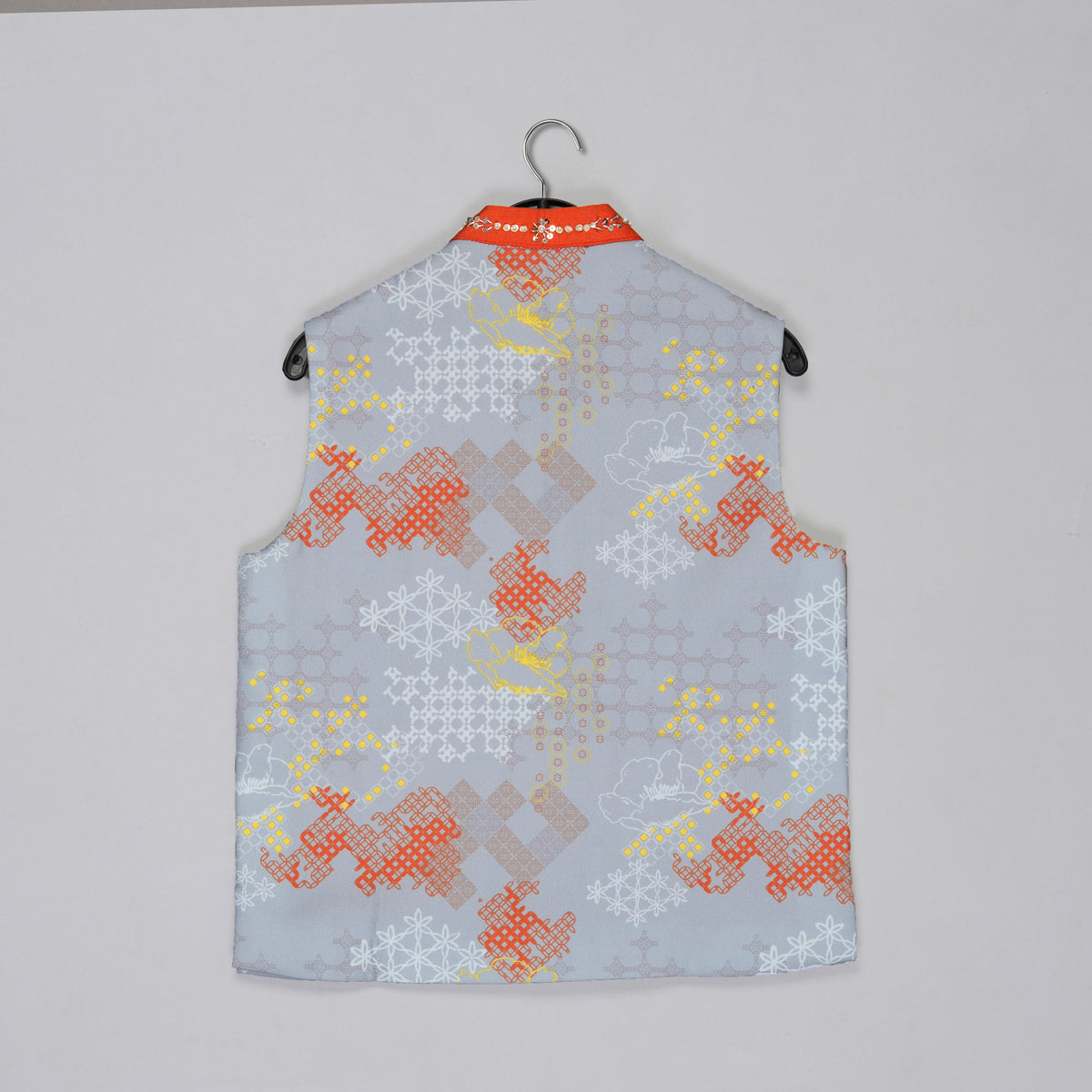 ORANGE KURTA WITH GREY GEOMETRICAL PRINTED BUNDI JACKET WITH HAND EMBROIDED WITH PAJAMA SET