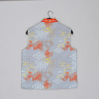 ORANGE KURTA WITH GREY GEOMETRICAL PRINTED BUNDI JACKET WITH HAND EMBROIDED WITH PAJAMA SET