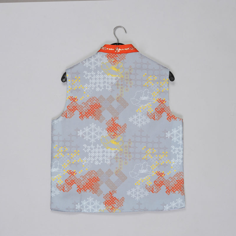 ORANGE KURTA WITH GREY GEOMETRICAL PRINTED BUNDI JACKET WITH HAND EMBROIDED WITH PAJAMA SET