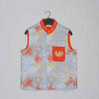 ORANGE KURTA WITH GREY GEOMETRICAL PRINTED BUNDI JACKET WITH HAND EMBROIDED WITH PAJAMA SET