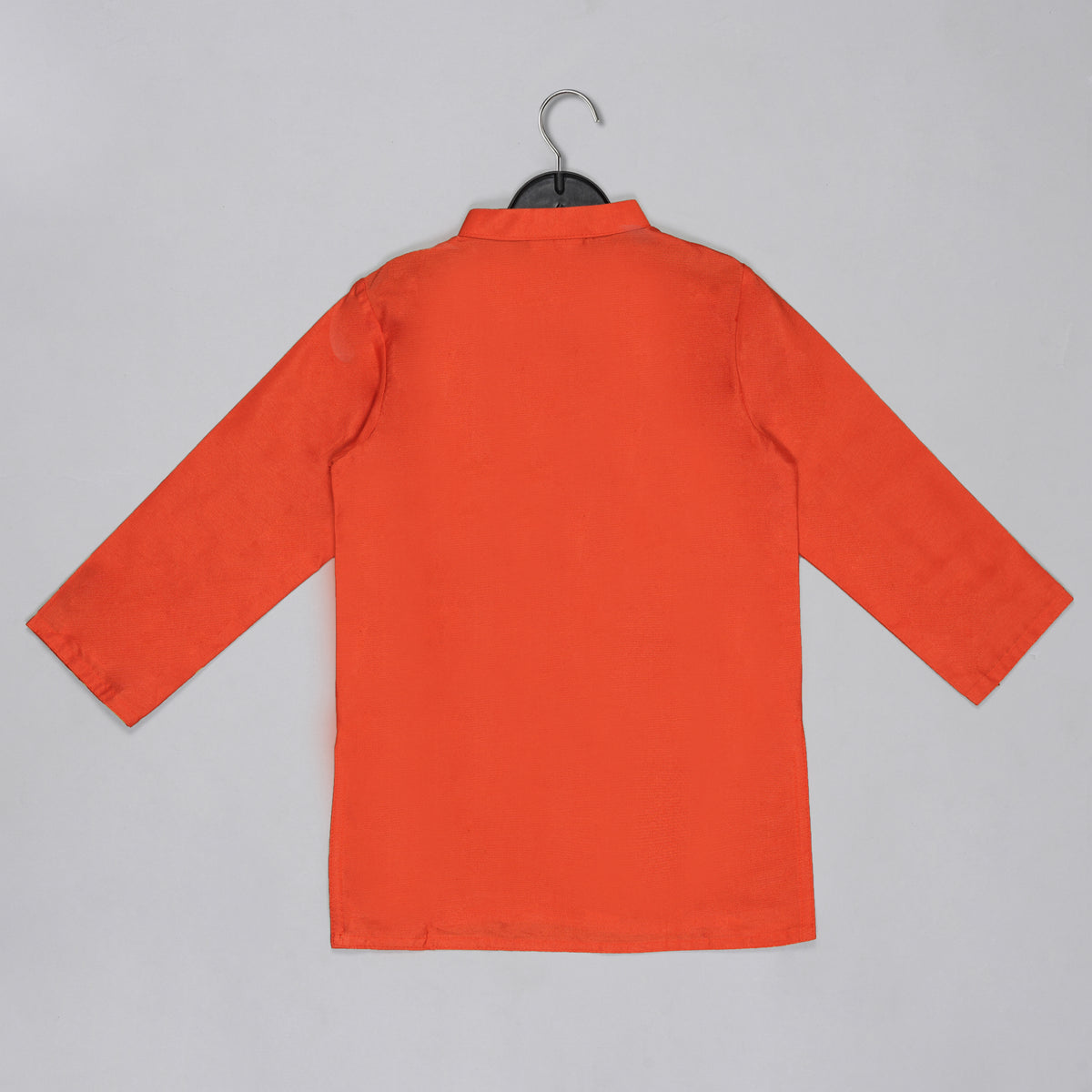 ORANGE KURTA WITH GREY GEOMETRICAL PRINTED BUNDI JACKET WITH HAND EMBROIDED WITH PAJAMA SET