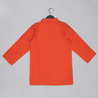 ORANGE KURTA WITH GREY GEOMETRICAL PRINTED BUNDI JACKET WITH HAND EMBROIDED WITH PAJAMA SET