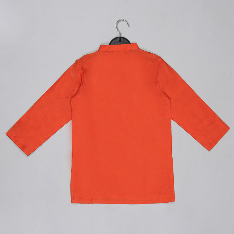 ORANGE KURTA WITH GREY GEOMETRICAL PRINTED BUNDI JACKET WITH HAND EMBROIDED WITH PAJAMA SET