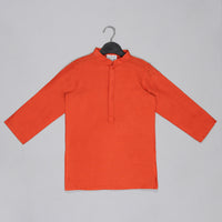 ORANGE KURTA WITH GREY GEOMETRICAL PRINTED BUNDI JACKET WITH HAND EMBROIDED WITH PAJAMA SET