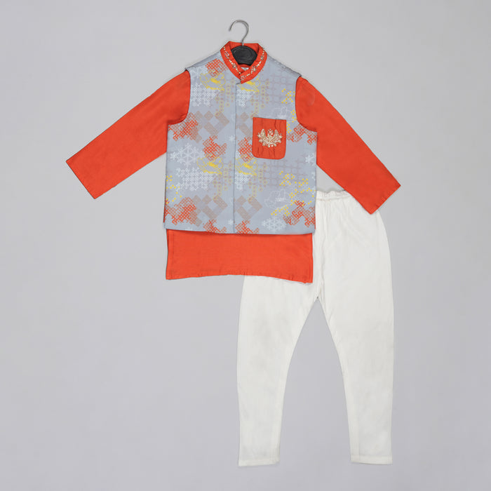 ORANGE KURTA WITH GREY GEOMETRICAL PRINTED BUNDI JACKET WITH HAND EMBROIDED WITH PAJAMA SET