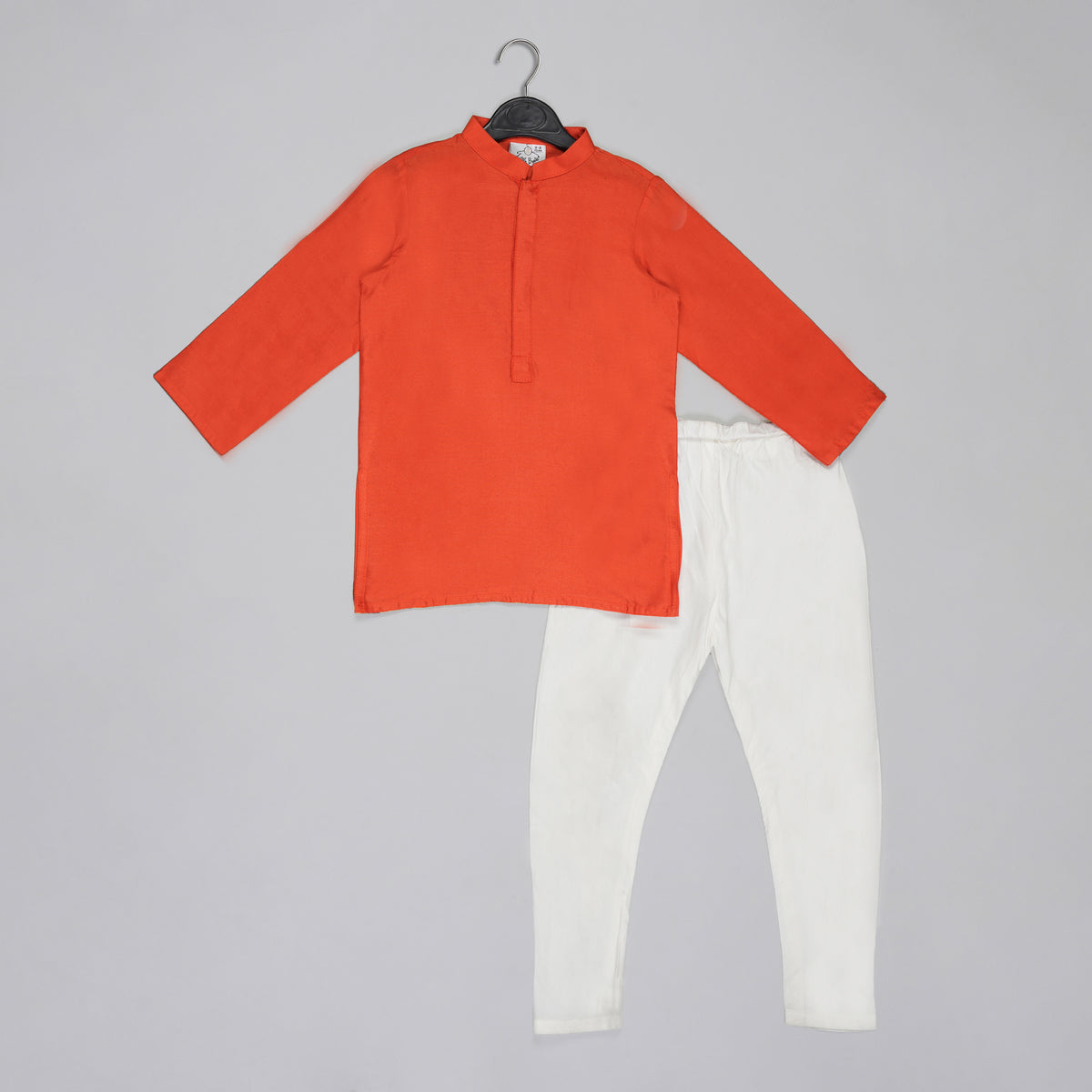 ORANGE KURTA WITH GREY GEOMETRICAL PRINTED BUNDI JACKET WITH HAND EMBROIDED WITH PAJAMA SET
