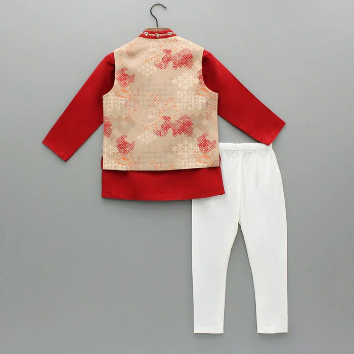 RED KURTA WITH BEIDGE GEOMETRICAL PRINTED BUNDI JACKET WITH HAND EMBROIDED WITH PAJAMA SET