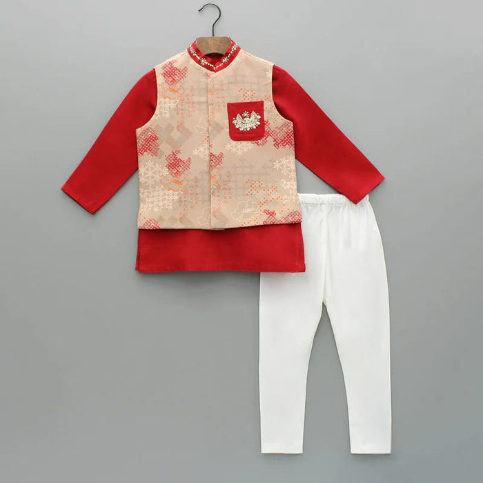 RED KURTA WITH BEIDGE GEOMETRICAL PRINTED BUNDI JACKET WITH HAND EMBROIDED WITH PAJAMA SET