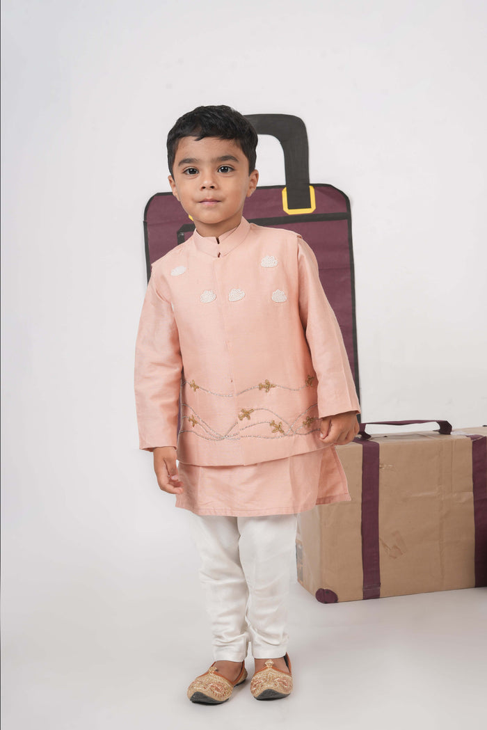ONION PINK KURTA WITH AEROPLANES/CLOUDS HAND EMBROIDERED BUNDI JACKET WITH PAJAMA SET