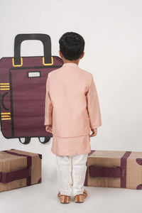ONION PINK KURTA WITH AEROPLANES/CLOUDS HAND EMBROIDERED BUNDI JACKET WITH PAJAMA SET