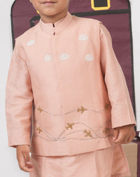 ONION PINK KURTA WITH AEROPLANES/CLOUDS HAND EMBROIDERED BUNDI JACKET WITH PAJAMA SET