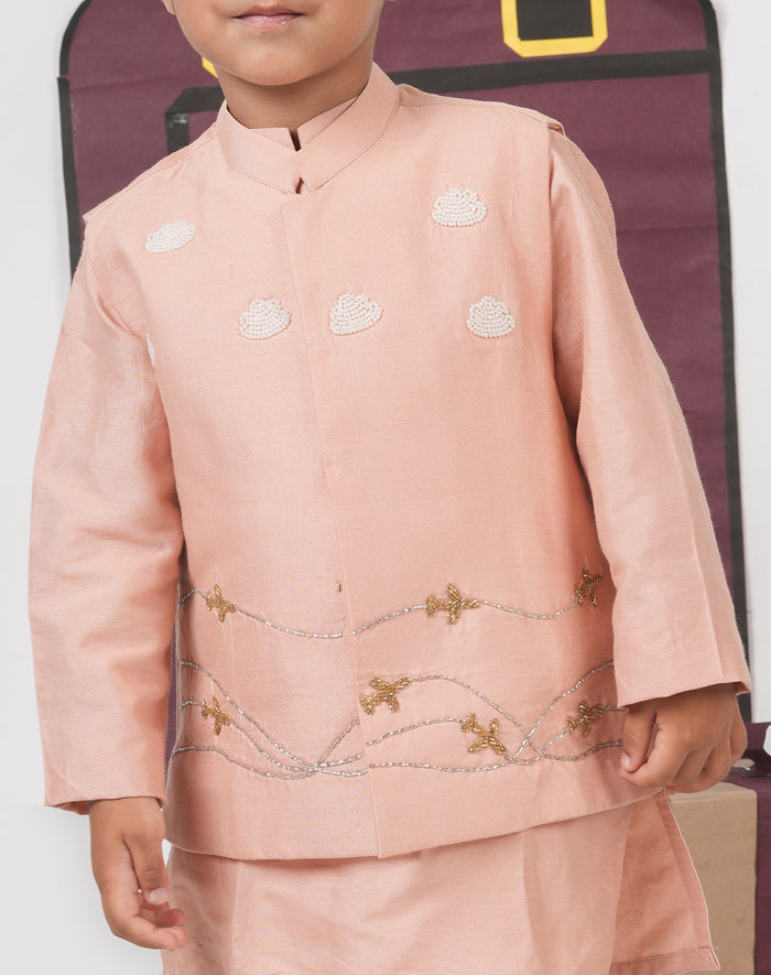 ONION PINK KURTA WITH AEROPLANES/CLOUDS HAND EMBROIDERED BUNDI JACKET WITH PAJAMA SET