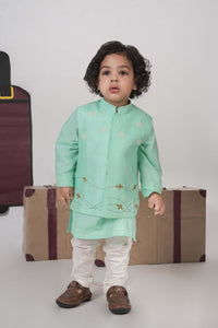 MINT GREEN KURTA WITH AEROPLANES/CLOUDS HAND EMBROIDERED BUNDI JACKET WITH PAJAMA SET