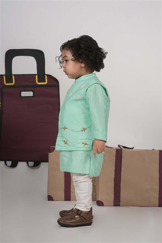 MINT GREEN KURTA WITH AEROPLANES/CLOUDS HAND EMBROIDERED BUNDI JACKET WITH PAJAMA SET