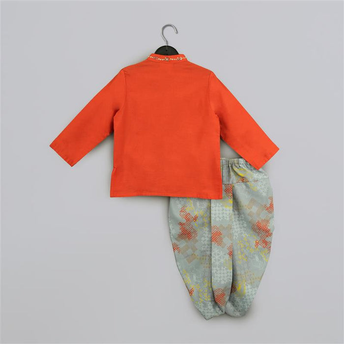 ORANGE HAND EMBROIDERY KURTA WITH GREY GEOMETRICAL PRINTED DHOTI SET