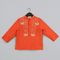 ORANGE HAND EMBROIDERY KURTA WITH GREY GEOMETRICAL PRINTED DHOTI SET