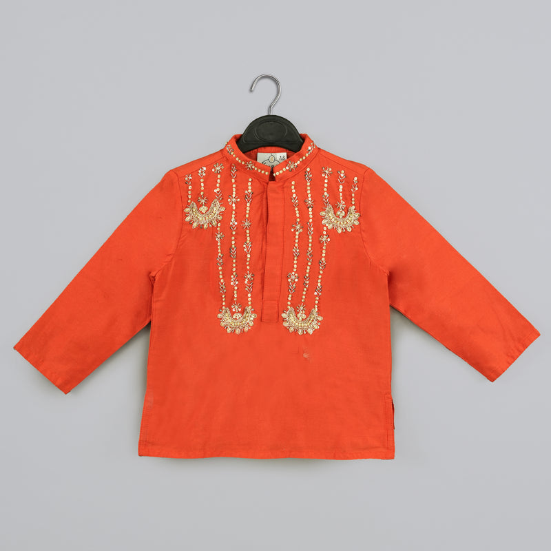 ORANGE HAND EMBROIDERY KURTA WITH GREY GEOMETRICAL PRINTED DHOTI SET