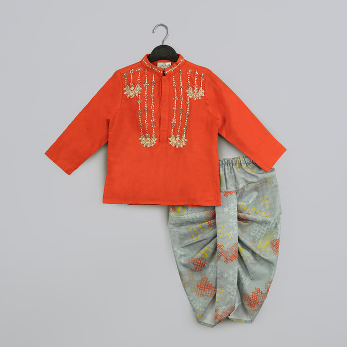 ORANGE HAND EMBROIDERY KURTA WITH GREY GEOMETRICAL PRINTED DHOTI SET
