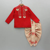 REDISH HAND EMBROIDERY KURTA WITH BEIDGE GEOMETRICAL PRINTED DHOTI SET