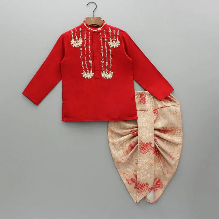 REDISH HAND EMBROIDERY KURTA WITH BEIDGE GEOMETRICAL PRINTED DHOTI SET