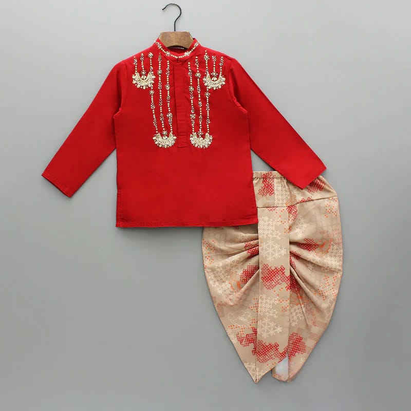 REDISH HAND EMBROIDERY KURTA WITH BEIDGE GEOMETRICAL PRINTED DHOTI SET