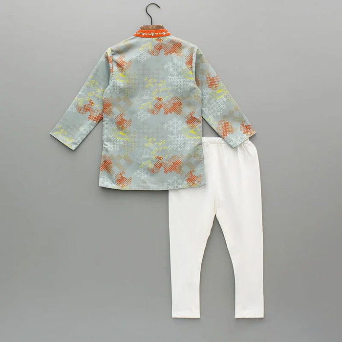 GREY GEOMETRICAL PRINTED HAND EMBROIDERY KURTA WITH PAJAMA SET