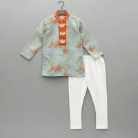GREY GEOMETRICAL PRINTED HAND EMBROIDERY KURTA WITH PAJAMA SET