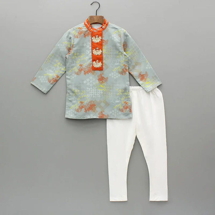 GREY GEOMETRICAL PRINTED HAND EMBROIDERY KURTA WITH PAJAMA SET
