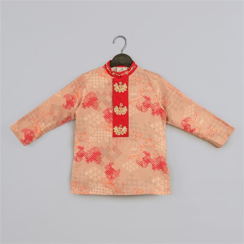 BEIDGE GEOMETRICAL PRINTED SHIRT WITH HAND EMBROIDERED JACKET WITH PRINTED PANT SET