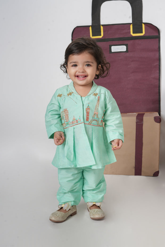 MINT GREEN TRAVEL THEME HAND EMBROIDERED CORD SET