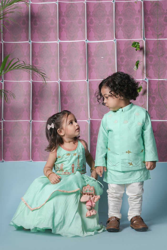 MINT GREEN TRAVEL THEME HAND EMBROIDERED BLOUSE WITH DOUBLE LAYER GHAGARA SET