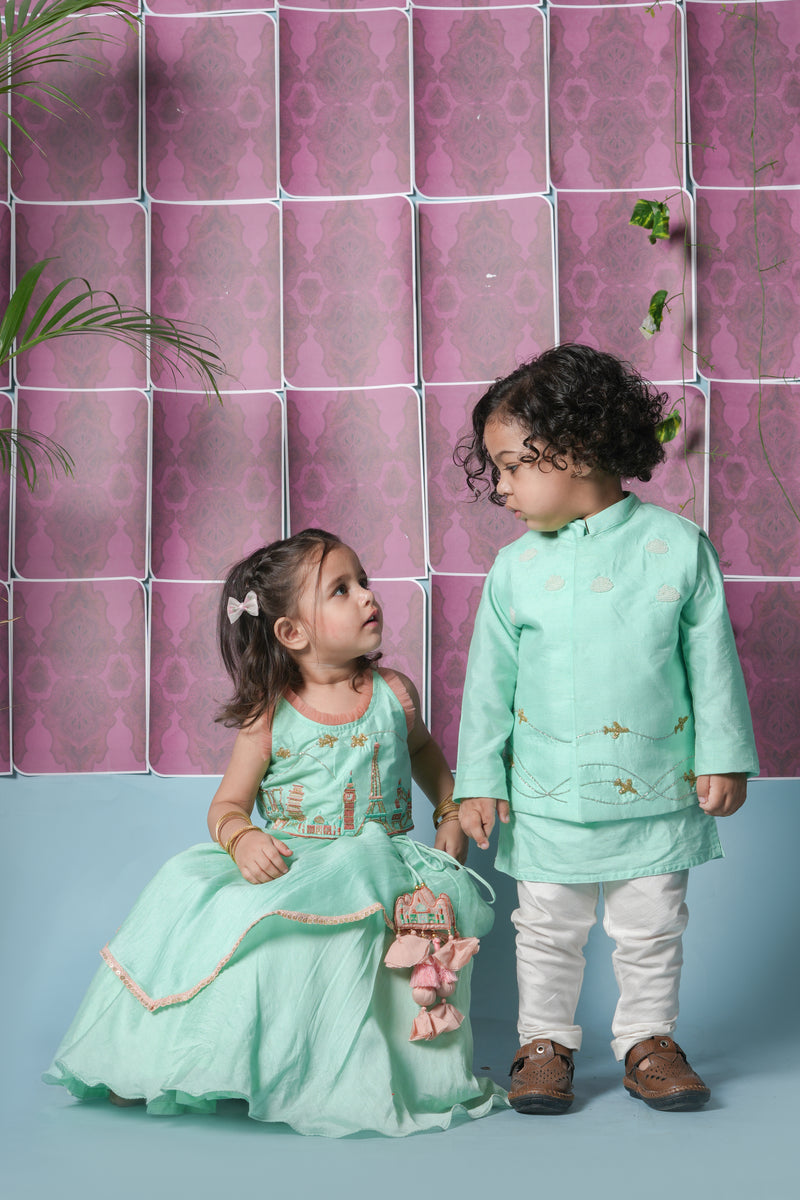 MINT GREEN TRAVEL THEME HAND EMBROIDERED BLOUSE WITH DOUBLE LAYER GHAGARA SET