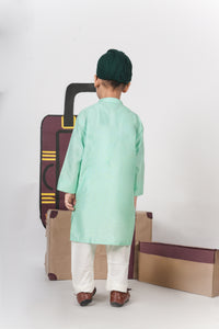 MINT GREEN AEROPLANS/CLOUDS HAND EMBROIDERY KURTA WITH PAJAMA SET