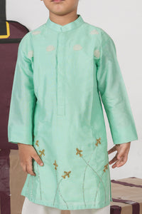 MINT GREEN AEROPLANS/CLOUDS HAND EMBROIDERY KURTA WITH PAJAMA SET