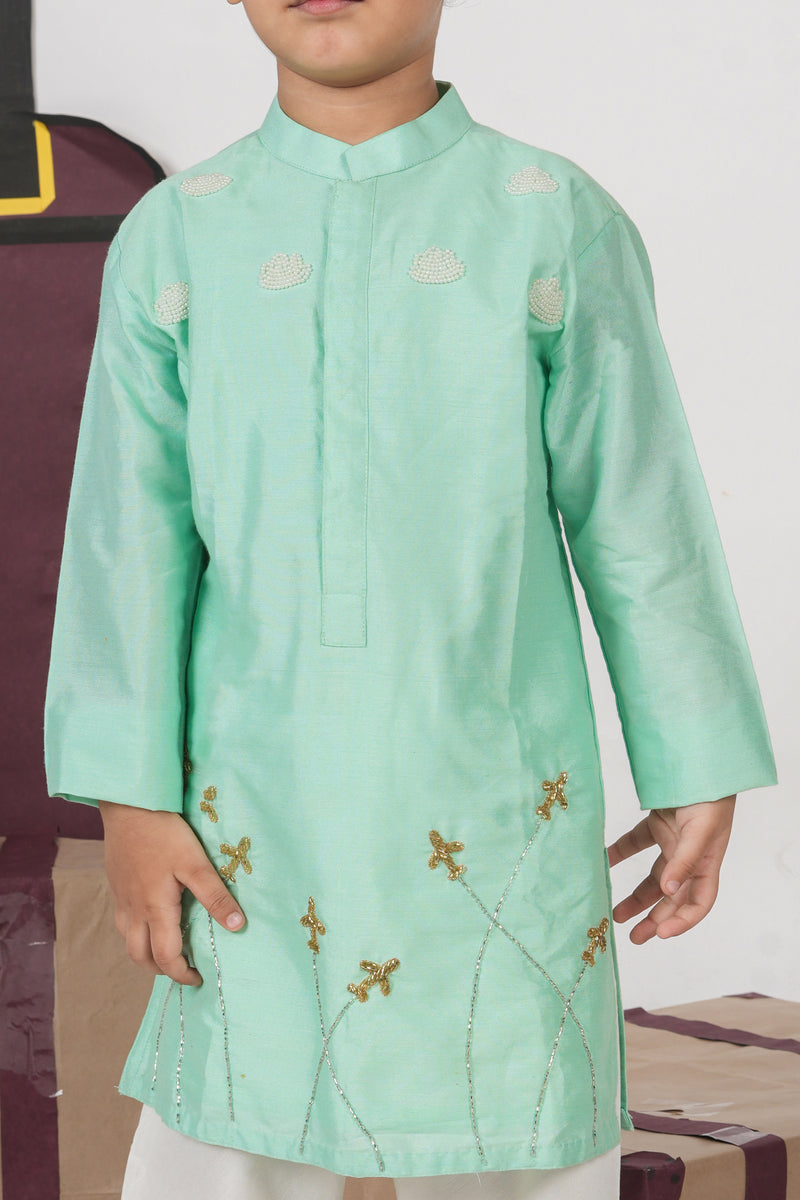 MINT GREEN AEROPLANS/CLOUDS HAND EMBROIDERY KURTA WITH PAJAMA SET