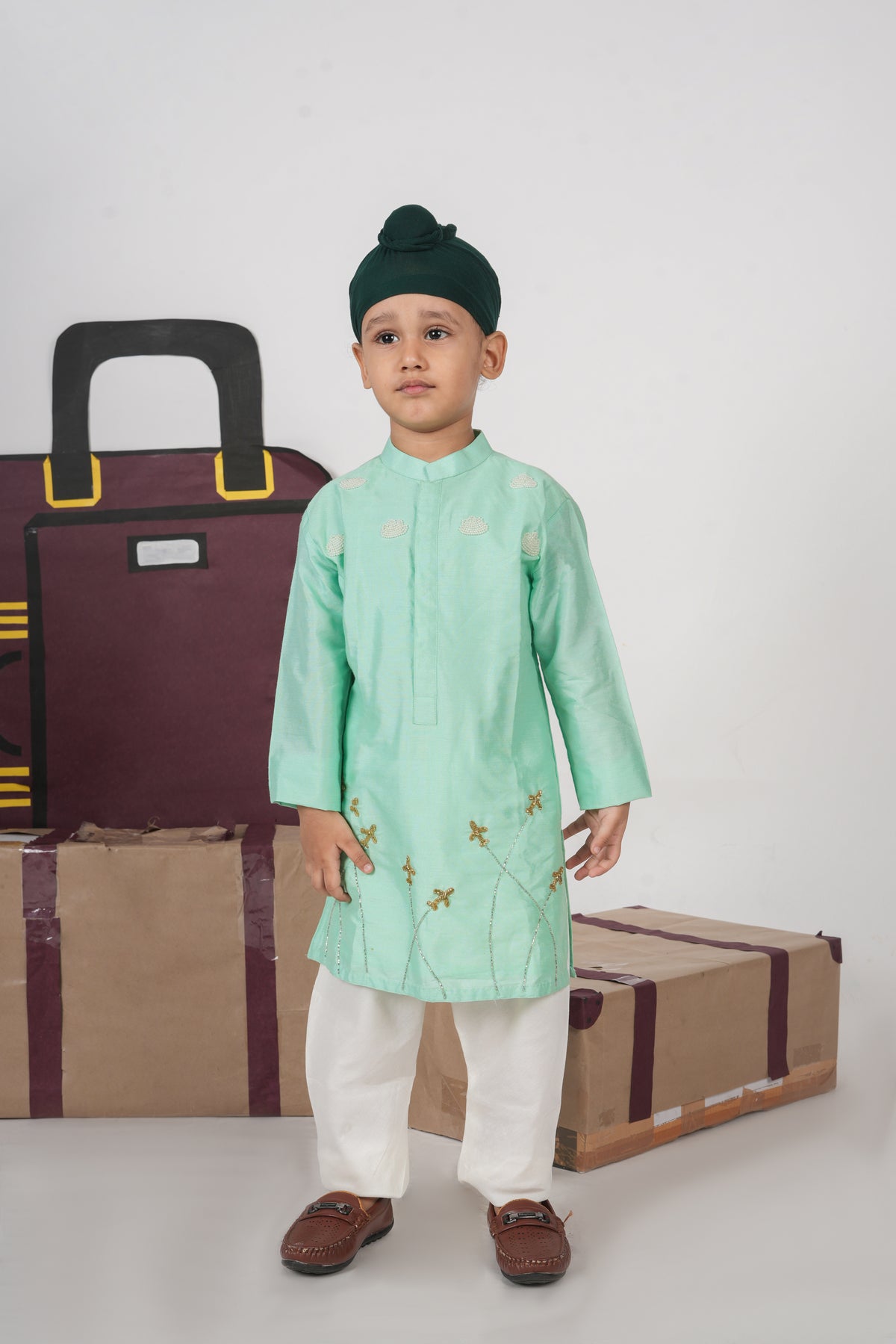 MINT GREEN AEROPLANS/CLOUDS HAND EMBROIDERY KURTA WITH PAJAMA SET
