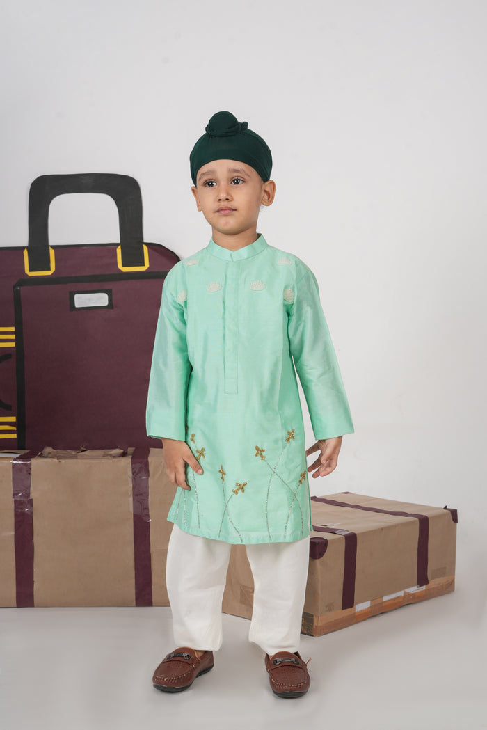 MINT GREEN AEROPLANS/CLOUDS HAND EMBROIDERY KURTA WITH PAJAMA SET