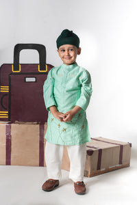 MINT GREEN AEROPLANS/CLOUDS HAND EMBROIDERY KURTA WITH PAJAMA SET