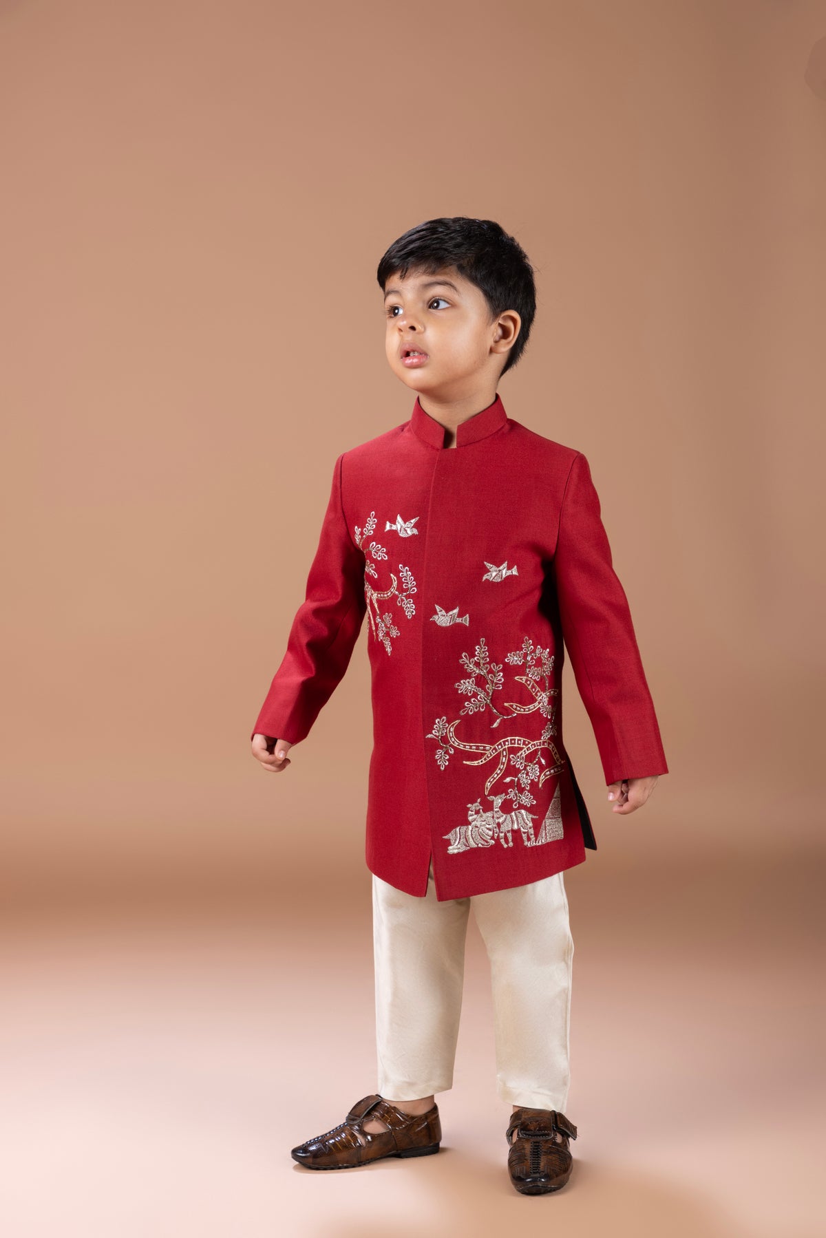 MARUN FRONT OPEN SHERWANI WITH HAND AND THREAD EMBROIDERYANIMALS/BIRD AND TREE BRANCHES WITH PAJAMA SET