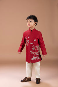 MARUN FRONT OPEN SHERWANI WITH HAND AND THREAD EMBROIDERYANIMALS/BIRD AND TREE BRANCHES WITH PAJAMA SET