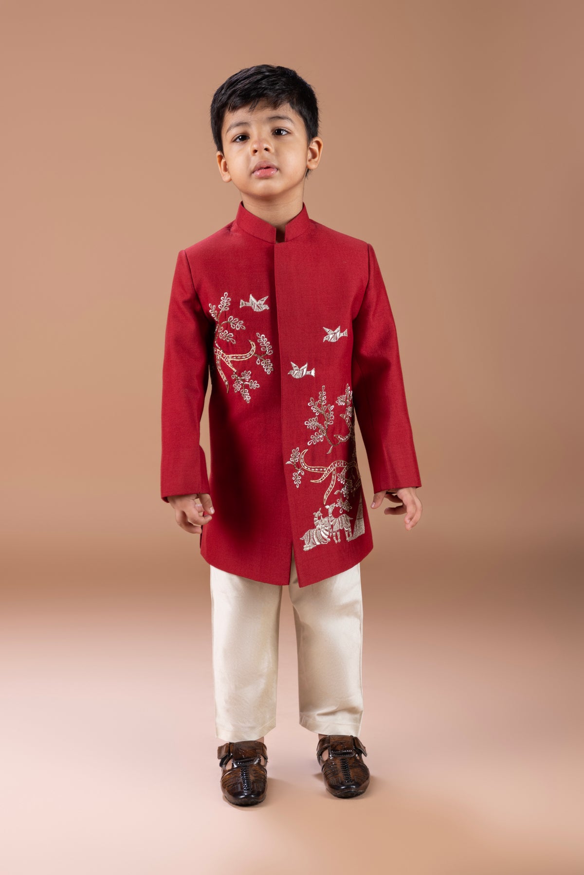 MARUN FRONT OPEN SHERWANI WITH HAND AND THREAD EMBROIDERYANIMALS/BIRD AND TREE BRANCHES WITH PAJAMA SET