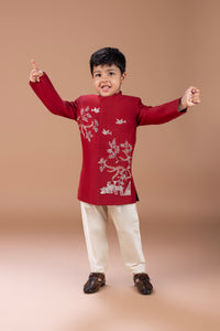 MARUN FRONT OPEN SHERWANI WITH HAND AND THREAD EMBROIDERYANIMALS/BIRD AND TREE BRANCHES WITH PAJAMA SET