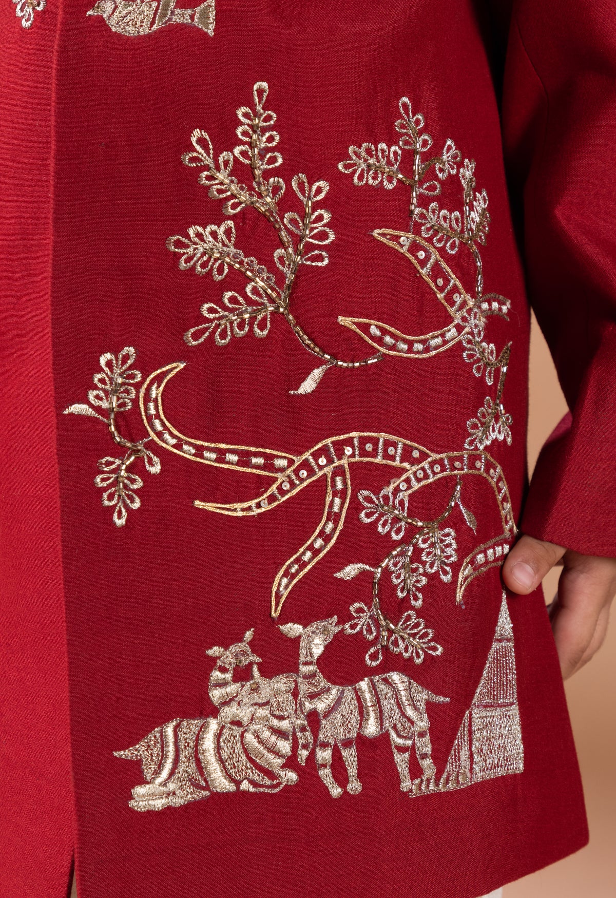 MARUN FRONT OPEN SHERWANI WITH HAND AND THREAD EMBROIDERYANIMALS/BIRD AND TREE BRANCHES WITH PAJAMA SET
