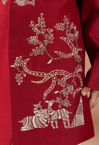 MARUN FRONT OPEN SHERWANI WITH HAND AND THREAD EMBROIDERYANIMALS/BIRD AND TREE BRANCHES WITH PAJAMA SET