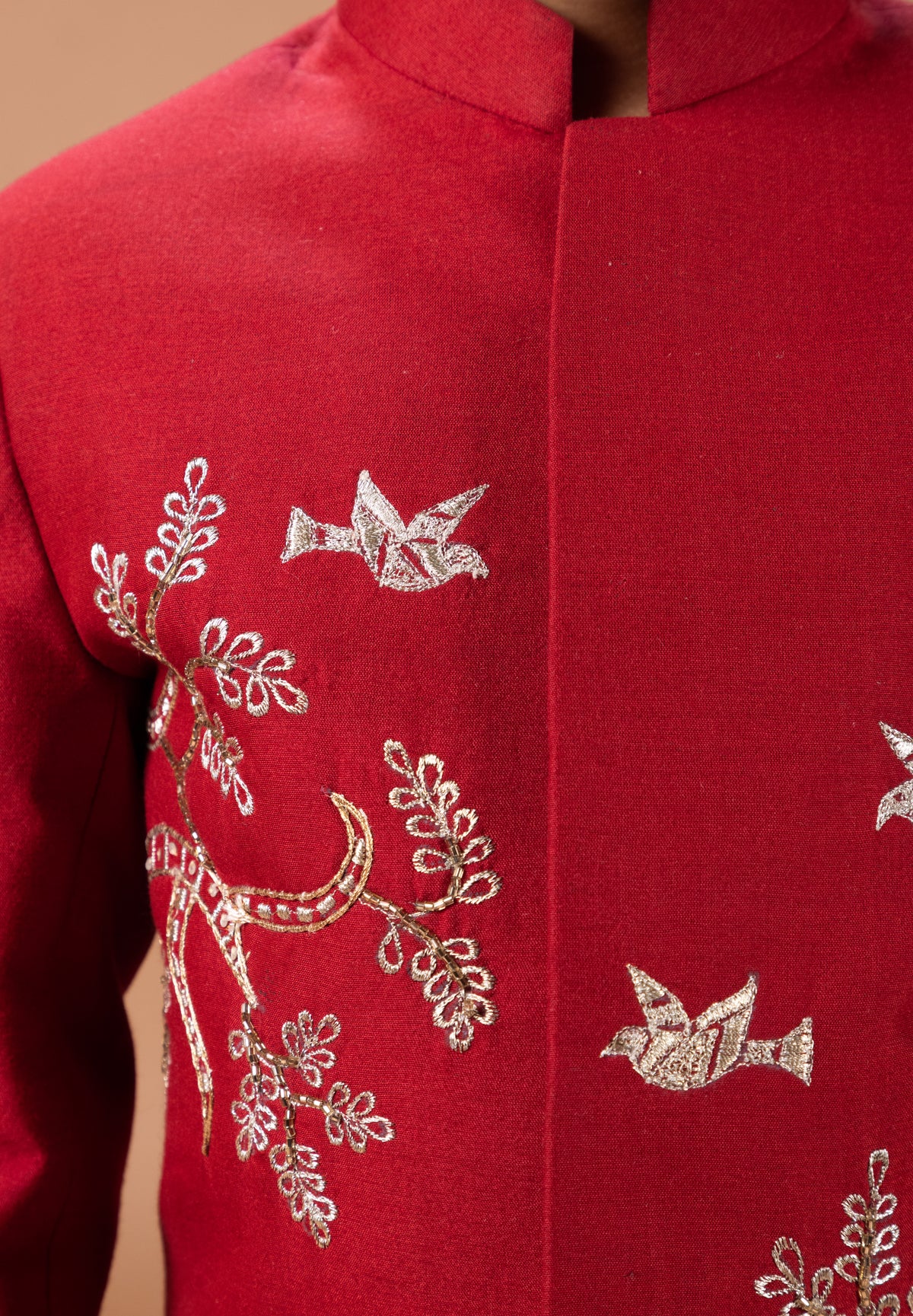 MARUN FRONT OPEN SHERWANI WITH HAND AND THREAD EMBROIDERYANIMALS/BIRD AND TREE BRANCHES WITH PAJAMA SET